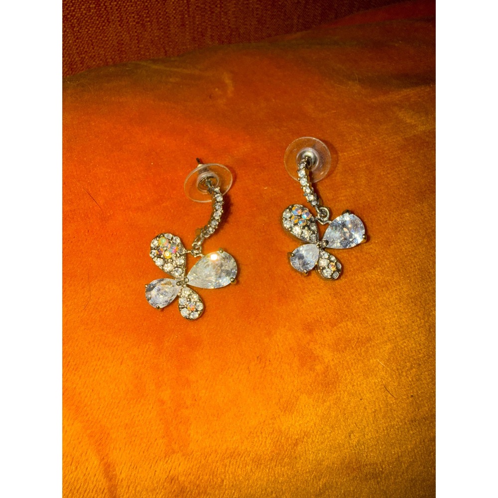 Silver Butterfly Drop Earrings Clear Iridescent Rhinestone Crystal Dangle Post